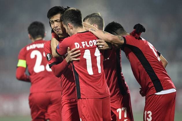 Astra Giurgiu s Seto Takayuki celebrates after scoring during a first leg game between Romanian Club Astra Giurgiu and Belgian soccer team RC Genk in the 1 16 finals of the Europa League competition Thursday 16 February 2017, in Giurgiu, Romania. YORICKxJANSENS  x05048994x