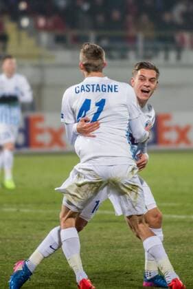 UEFA Europa League 2016-2017, Group E game between FC Astra Giurgiu (ROU) and Genk (BEL) February 2017 February 16, 2017: Timoty Castagne 41 of Genk celebrating the first goal during the UEFA Europa League 2016-2017, Group E game between FC Astra Giurgiu (ROU) and Genk (BEL) at Marin Anastasovici Stadium, Giurgiu, Romania ROU. Foto: Cronos Catalin Soare