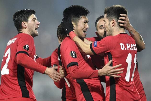 Astra Giurgiu s Seto Takayuki celebrates after scoring during a first leg game between Romanian Club Astra Giurgiu and Belgian soccer team RC Genk in the 1 16 finals of the Europa League competition Thursday 16 February 2017, in Giurgiu, Romania. YORICKxJANSENS  x05048990x