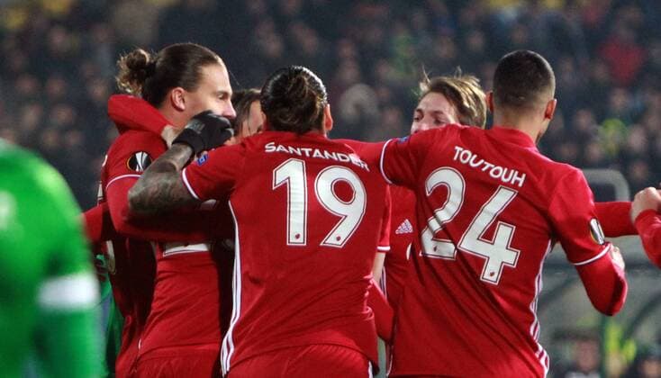 16.02.2017 Sofia(Bulgaria) PFC Ludogorets-FC Kobenhavn(FC Copenhagen) Europa League men s football Erik Johansson(L) and players of FC Kobenhavn(FC Copenhagen) celebrate first goal :Str 