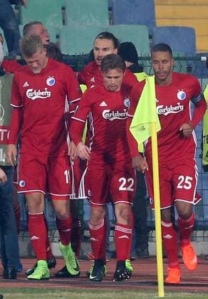 16.02.2017 Sofia(Bulgaria) PFC Ludogorets-FC Kobenhavn(FC Copenhagen) Europa League men s football FC Kobenhavn(FC Copenhagen) players Andreas Cornelius(L),Erik Johansson(2L), Peter Ankersen(3L),Mathias Jorgensen(R) :Str 