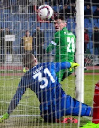 16.02.2017 Sofia(Bulgaria) PFC Ludogorets-FC Kobenhavn(FC Copenhagen) Europa League men s football Claudiu Keseru(above) PFC Ludogorets scoring first goal for his team on match :Str 
