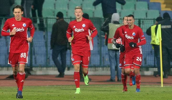 16.02.2017 Sofia(Bulgaria) PFC Ludogorets-FC Kobenhavn(FC Copenhagen) Europa League men s football FC Kobenhavn(FC Copenhagen) players Uros Matic(L),Andreas Cornelius(c),Youssef Toutouh(R) celebrate second goal on match :Str 