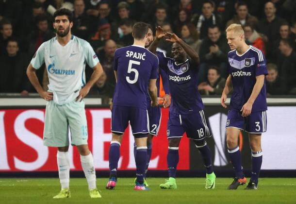 Anderlecht s Frank Acheampong celebrates after scoring during a game between Belgian soccer team RSC Anderlecht and Russian team FC Zenit, first-leg of the 1 16 finals of the Europa League competition, Thursday 16 February 2017, in Brussels. VIRGINIExLEFOUR  x05049063x