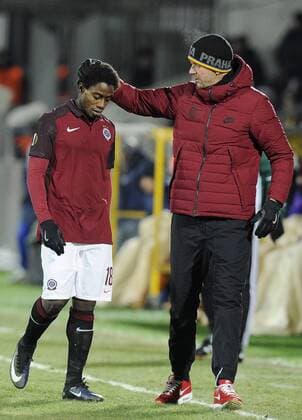 ROSTOV-ON-DON, RUSSIA - FEBRUARY 16, 2017: AC Sparta Pragueâ€™s Tiemoko Konate (L) and head coach Tomas Pozar seen during the 2016-17 UEFA Europa League Round of 32, 1st leg football match between FC Rostov and AC Sparta Prague at Olimp 2 Stadium. FC Rostov won the game 4-0. Valery Matytsin TASS  TS041776