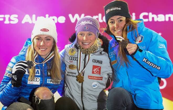 Ski Alpin, WM in St. Moritz, Riesenslalom Damen - Siegerehrung am Abend ALPINE SKIING - FIS Ski WC St. Moritz SANKT MORITZ,SWITZERLAND,16.FEB.17 - ALPINE SKIING - FIS Alpine World Ski Championships, giant slalom ladies, award ceremony. Image shows Mikaela Shiffrin (USA), Tessa Worley (FRA) and Sofia Goggia (ITA). GEPAxpictures xMarioxKneisl