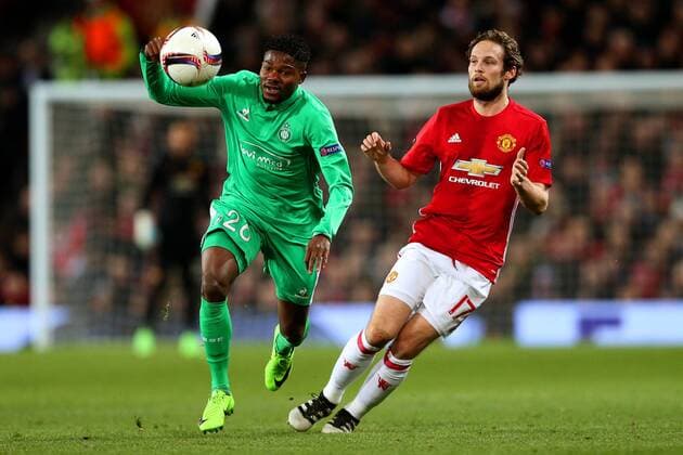 Jorginho of Saint Etienne and Daley Blind of Manchester United ManU during the UEFA Europa League Round of 32 1st leg match at Old Trafford Stadium, Manchester. Picture date: February 16th, 2017. Pic credit should read: Matt McNulty Sportimage EDITORIAL USE ONLY. No use with unauthorised audio, video, data, fixture lists, club league logos or live services. Online in-match use limited to 120 images, no video emulation. No use in betting, games or single club league player publications.