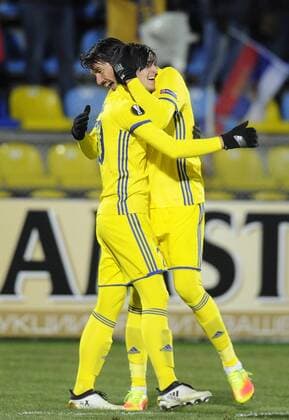 ROSTOV-ON-DON, RUSSIA - FEBRUARY 16, 2017: FC Rostovâ€™s Sardar Azmoun (L) and Cesar Navas celebrate scoring in their 2016-17 UEFA Europa League Round of 32, 1st leg football match against AC Sparta Prague at Olimp 2 Stadium. FC Rostov won the game 4-0. Valery Matytsin TASS  TS04178A