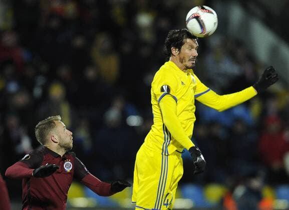 ROSTOV-ON-DON, RUSSIA - FEBRUARY 16, 2017: AC Sparta Pragueâ€™s Michal Kadlec (L) and FC Rostovâ€™s Cesar Navas fight for the ball in their 2016-17 UEFA Europa League Round of 32, 1st leg football match at Olimp 2 Stadium. FC Rostov won the game 4-0. Valery Matytsin TASS  TS04178C