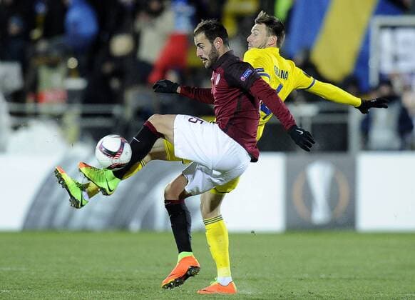 ROSTOV-ON-DON, RUSSIA - FEBRUARY 16, 2017: AC Sparta Pragueâ€™s Mario Holek (L) and FC Rostovâ€™s Vladimir Granat fight for the ball in their 2016-17 UEFA Europa League Round of 32, 1st leg football match at Olimp 2 Stadium. FC Rostov won the game 4-0. Valery Matytsin TASS  TS04178F