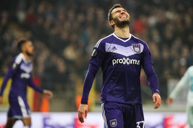 Anderlecht s Ivan Obradovic looks dejected during a game between Belgian soccer team RSC Anderlecht and Russian team FC Zenit, first-leg of the 1 16 finals of the Europa League competition, Thursday 16 February 2017, in Brussels. VIRGINIExLEFOUR  x05049128x