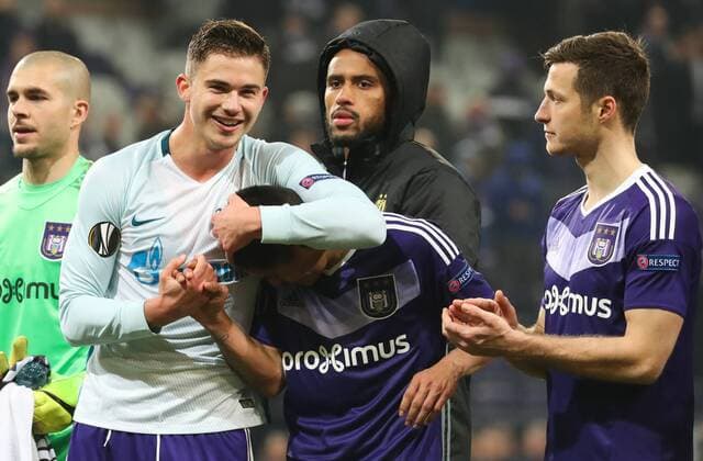 Anderlecht s Leander Dendoncker and Anderlecht s Andy Najar celebrate after winning a game between Belgian soccer team RSC Anderlecht and Russian team FC Zenit, first-leg of the 1 16 finals of the Europa League competition, Thursday 16 February 2017, in Brussels. VIRGINIExLEFOUR  x05049152x