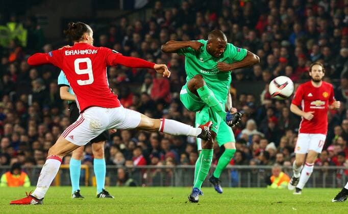 Zlatan Ibrahimovic of Manchester United ManU makes a challenge during the UEFA Europa League Round of 32 1st leg match at Old Trafford Stadium, Manchester. Picture date: February 16th, 2017. Pic credit should read: Matt McNulty Sportimage EDITORIAL USE ONLY. No use with unauthorised audio, video, data, fixture lists, club league logos or live services. Online in-match use limited to 120 images, no video emulation. No use in betting, games or single club league player publications.