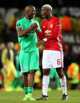 Paul Pogba of Manchester United ManU and brother Florentin Pogba of Saint Etienne at full time during the UEFA Europa League Round of 32 1st leg match at Old Trafford Stadium, Manchester. Picture date: February 16th, 2017. Pic credit should read: Matt McNulty Sportimage EDITORIAL USE ONLY. No use with unauthorised audio, video, data, fixture lists, club league logos or live services. Online in-match use limited to 120 images, no video emulation. No use in betting, games or single club league player publications.