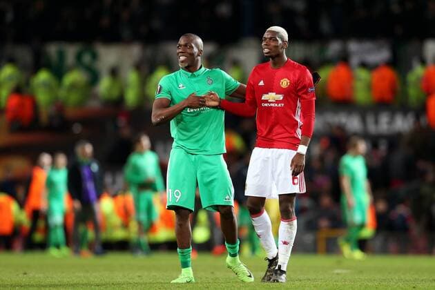 Paul Pogba of Manchester United ManU and brother Florentin Pogba of Saint Etienne at full time during the UEFA Europa League Round of 32 1st leg match at Old Trafford Stadium, Manchester. Picture date: February 16th, 2017. Pic credit should read: Matt McNulty Sportimage EDITORIAL USE ONLY. No use with unauthorised audio, video, data, fixture lists, club league logos or live services. Online in-match use limited to 120 images, no video emulation. No use in betting, games or single club league player publications.