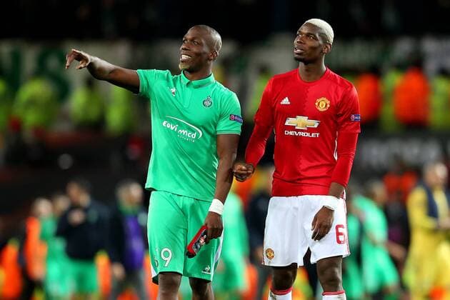Paul Pogba of Manchester United ManU and brother Florentin Pogba of Saint Etienne at full time during the UEFA Europa League Round of 32 1st leg match at Old Trafford Stadium, Manchester. Picture date: February 16th, 2017. Pic credit should read: Matt McNulty Sportimage EDITORIAL USE ONLY. No use with unauthorised audio, video, data, fixture lists, club league logos or live services. Online in-match use limited to 120 images, no video emulation. No use in betting, games or single club league player publications.