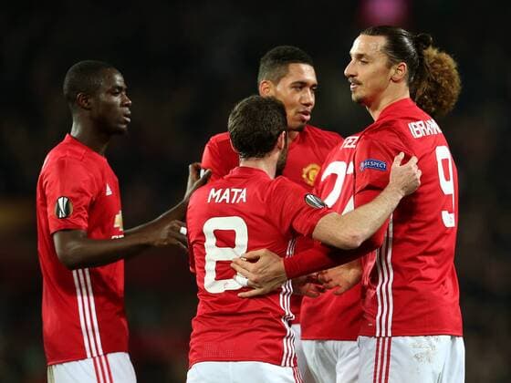 Zlatan Ibrahimovic of Manchester United ManU celebrates after scoring his sides first goal during the UEFA Europa League Round of 32 1st leg match at Old Trafford Stadium, Manchester. Picture date: February 16th, 2017. Pic credit should read: Matt McNulty Sportimage EDITORIAL USE ONLY. No use with unauthorised audio, video, data, fixture lists, club league logos or live services. Online in-match use limited to 120 images, no video emulation. No use in betting, games or single club league player publications.