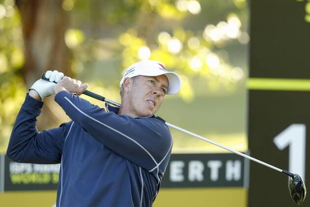 February 17th 2017, Lake Karrinyup Country Club, Perth, Western Australia, Australia; ISPS Handa World Super 6 Perth Golf Tournament Day 2; Hideto Tanihara (JPN) watches his shot out of the bunker on the par 3 12th hole during his round on day 2 Richard Green (AUS) drives from the 13th tee during his round on day 2. xDavidxWoodleyx  ActionPlus11847073