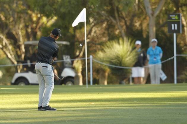 February 17th 2017, Lake Karrinyup Country Club, Perth, Western Australia, Australia; ISPS Handa World Super 6 Perth Golf Tournament Day 2; Jordan Smith (ENG) chips onto the 11th green during his round on day 2 xDavidxWoodleyx  ActionPlus11847092