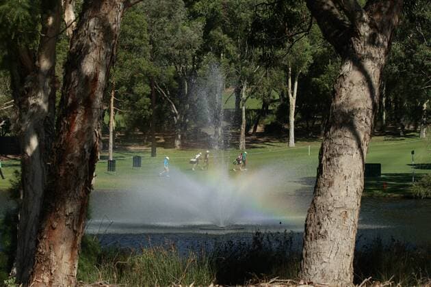 February 17th 2017, Lake Karrinyup Country Club, Perth, Western Australia, Australia; ISPS Handa World Super 6 Perth Golf Tournament Day 2; Players walk past the lake on the 8th hole during play on day 2 xDavidxWoodleyx  ActionPlus11847099