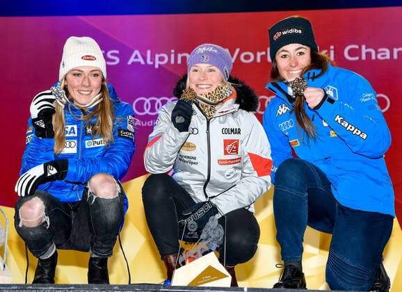 16.02.2017, St. Moritz, SUI, FIS Weltmeisterschaften Ski Alpin, St. Moritz 2017, Riesenslalom, Damen, Siegerehrung, im Bild v.l. Mikaela Shiffrin (USA, Damen Riesenslalom Silbermedaille), Tessa Worley (FRA, Damen Riesenslalom Weltmeisterin und Goldmedaille), Sofia Goggia (ITA, Damen Riesenslalom Bronzemedaille) f.l. ladieis Giant Slalom Silver medalist Mikaela Shiffrin of the USA ladieis Giant Slalom world Champion and Gold medalist Tessa Worley of France ladieis Giant Slalom Bronze medalist Sofia Goggia of Italy during the winner Ceremony for the ladie s Giant Slalom of the FIS Ski World Championships 2017. St. Moritz, Switzerland on 2017 02 16. St. Moritz EP_eri