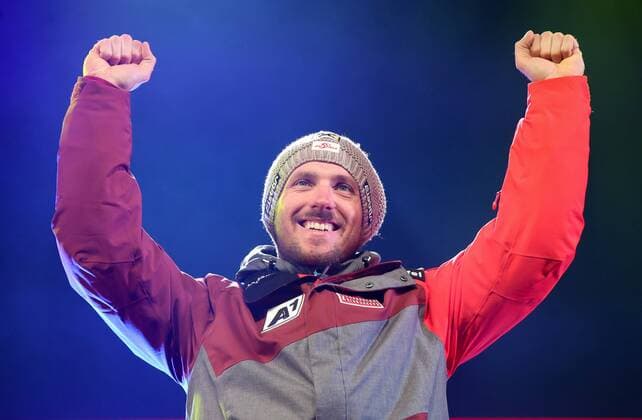 ALPINE SKIING - FIS Ski WC St. Moritz SANKT MORITZ,SWITZERLAND,17.FEB.17 - ALPINE SKIING - FIS Alpine World Ski Championships, giant slalom, men, award ceremony. Image shows the rejoicing of Marcel Hirscher (AUT). GEPAxpictures xChristianxWalgram