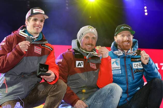 ALPINE SKIING - FIS Ski WC St. Moritz SANKT MORITZ,SWITZERLAND,17.FEB.17 - ALPINE SKIING - FIS Alpine World Ski Championships, giant slalom, men, award ceremony. Image shows Roland Leitinger, Marcel Hirscher (AUT) and Leif Kristian Haugen (NOR). Keywords: medal. GEPAxpictures xChristianxWalgram