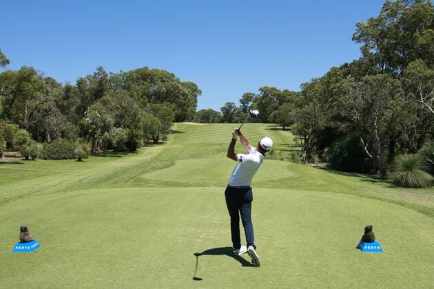 February 18th 2017, Lake Karrinyup Country Club, Perth, Western Australia, Australia; ISPS Handa World Super 6 Perth Golf Tournament Day 3 Jason Scrivener (AUS) drives off the 5th tee during his round on day 3 xDavidxWoodleyx  ActionPlus11847450