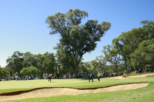 February 18th 2017, Lake Karrinyup Country Club, Perth, Western Australia, Australia; ISPS Handa World Super 6 Perth Golf Tournament Day 3 Jake Higginbottom (AUS) putts on the 1st green watched by Jason Scrivener (AUS) and SS.P Chawrasia (IND) during their round on day 3. xDavidxWoodleyx  ActionPlus11847430