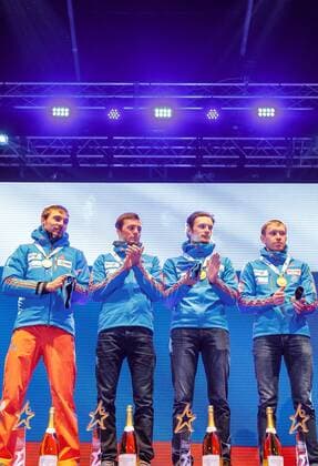 18.02.2017, Biathlonarena, Hochfilzen, AUT, IBU Weltmeisterschaften Biathlon, Hochfilzen 2017, Staffel Herren, Siegerehrung, im Bild Goldmedaillengewinner Alexey Volkov (RUS), Maxim Tsvetkov (RUS), Anton Babikov (RUS), Anton Shipulin (RUS) Winner and Gold Medalist Alexey Volkov of Russian Federation Maxim Tsvetkov of Russian Federation Anton Babikov of Russian Federation Anton Shipulin of Russian Federation during Winner Ceremony of the Mens Relay of the IBU Biathlon World Championships at the Biathlonarena in Hochfilzen, Austria on 2017 02 18. Hochfilzen  EP_fei  