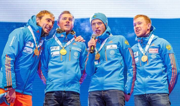 18.02.2017, Biathlonarena, Hochfilzen, AUT, IBU Weltmeisterschaften Biathlon, Hochfilzen 2017, Staffel Herren, Siegerehrung, im Bild Goldmedaillengewinner Alexey Volkov (RUS), Maxim Tsvetkov (RUS), Anton Babikov (RUS), Anton Shipulin (RUS) Winner and Gold Medalist Alexey Volkov of Russian Federation Maxim Tsvetkov of Russian Federation Anton Babikov of Russian Federation Anton Shipulin of Russian Federation during Winner Ceremony of the Mens Relay of the IBU Biathlon World Championships at the Biathlonarena in Hochfilzen, Austria on 2017 02 18. Hochfilzen  EP_fei  
