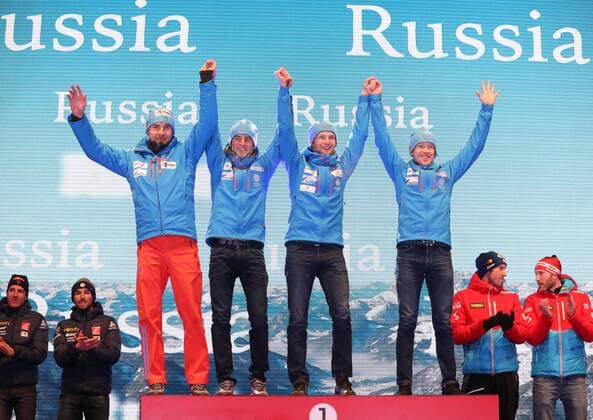 HOCHFILZEN, AUSTRIA - FEBRUARY 18, 2017: First-placed Anton Shipulin, Anton Babikov, Maxim Tsvetkov, and Alexei Volkov of Russia, from left, at a victory ceremony for the men s 4x7.5km relay at the 2017 IBU Biathlon World Championships in Hochfilzen, Austria. Stanislav Krasilnikov TASS  TS041D13