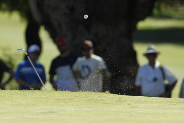 February 19th 2017, Lake Karrinyup Country Club, Perth, Western Australia, Australia; ISPS Handa World Super 6 Perth Golf Tournament Day 4; Austin Connelly (CAN) chips onto the green from the bunker at the 1st during his knockout game against Matthew Millar (AUS) xDavidxWoodleyx  ActionPlus11848167