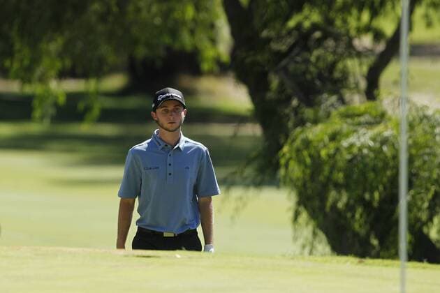 February 19th 2017, Lake Karrinyup Country Club, Perth, Western Australia, Australia; ISPS Handa World Super 6 Perth Golf Tournament Day 4; Austin Connelly (CAN) checks his chip shot from out of the bunker at the 1st during his knockout game against Matthew Millar (AUS) xDavidxWoodleyx  ActionPlus11848168