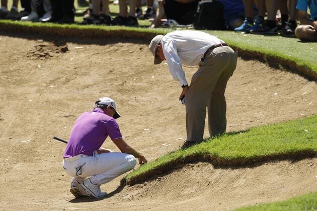 February 19th 2017, Lake Karrinyup Country Club, Perth, Western Australia, Australia; ISPS Handa World Super 6 Perth Golf Tournament Day 4; BretT Rumford (AUS) checks with the referee where his ball lies in the 3rd hole bunker during his Quarter Final against Wade Ormsby (AUS) xDavidxWoodleyx  ActionPlus11848204