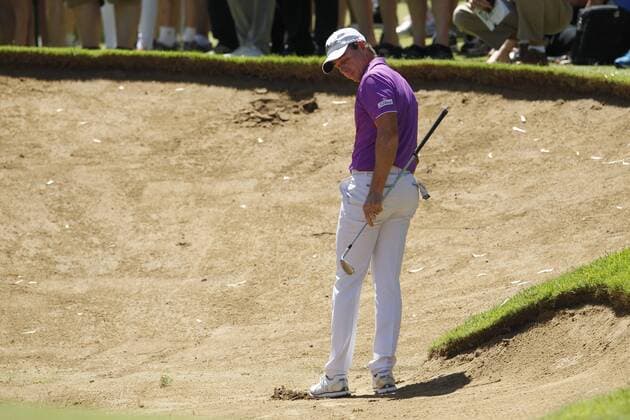 February 19th 2017, Lake Karrinyup Country Club, Perth, Western Australia, Australia; ISPS Handa World Super 6 Perth Golf Tournament Day 4; BretT Rumford (AUS) reacts to his chip shot out of the 3rd hole bunker for a bogie during his Quarter Final against Wade Ormsby (AUS) xDavidxWoodleyx  ActionPlus11848207