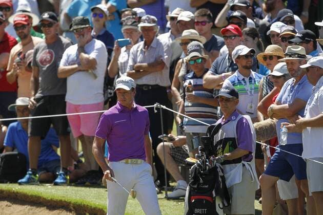 February 19th 2017, Lake Karrinyup Country Club, Perth, Western Australia, Australia; ISPS Handa World Super 6 Perth Golf Tournament Day 4; BretT Rumford (AUS) surveys his ball he chipped back into the 3rd hole bunker for a bogie during his Quarter Final against Wade Ormsby (AUS) xDavidxWoodleyx  ActionPlus11848208