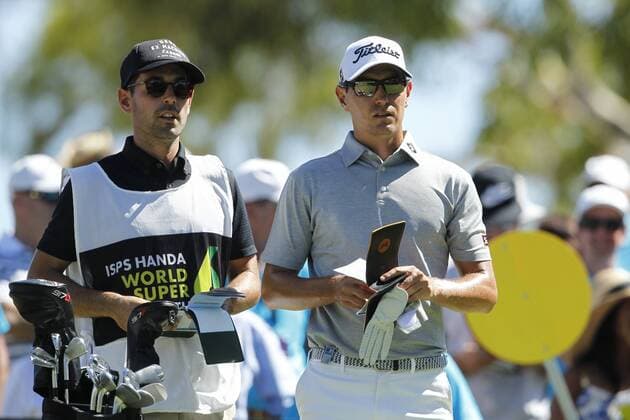 February 19th 2017, Lake Karrinyup Country Club, Perth, Western Australia, Australia; ISPS Handa World Super 6 Perth Golf Tournament Day 4; Jason Scrivener (AUS) checks his distance with his caddy before the start of his knockout round against Nick Cullen (AUS) xDavidxWoodleyx  ActionPlus11848217