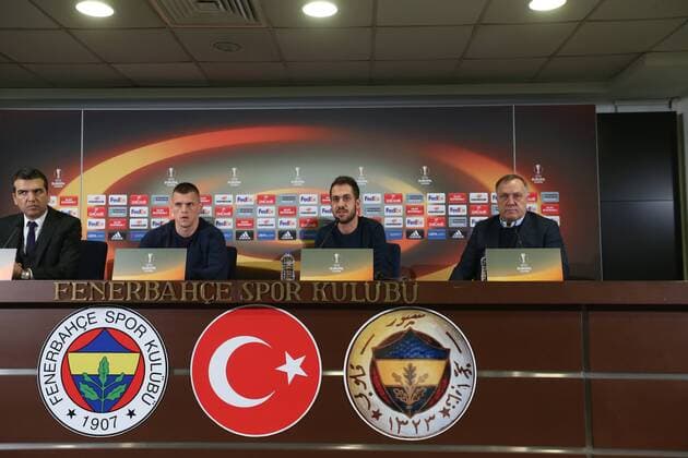 Fenerbahce s Dutch Coach Dick Advocaat (R) and Player Martin Skrtel (2nd L) attend a press conference PK Pressekonferenz following a training session in Istanbul, Turkey, 21 February 2017. Fenerbahce will face Krasnodar in a UEFA Europa League match on 22 February 2017. 