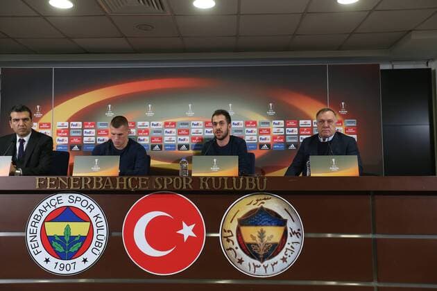 Fenerbahce s Dutch Coach Dick Advocaat (R) and Player Martin Skrtel (2nd L) attend a press conference PK Pressekonferenz following a training session in Istanbul, Turkey, 21 February 2017. Fenerbahce will face Krasnodar in a UEFA Europa League match on 22 February 2017. 