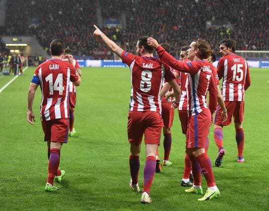 21.02.2017, xhbx, Fussball Champions League, Bayer 04 Leverkusen - Atletico Madrid, emspor, v.l. Matias Kranevetter (Atletico Madrid) celebrate the goal, Torjubel zum 0:1 Leverkusen