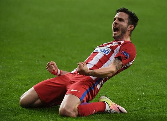 21.02.2017, xhbx, Fussball Champions League, Bayer 04 Leverkusen - Atletico Madrid, emspor, v.l. Saul Niguez (Atletico Madrid) celebrate the goal, Torjubel zum 0:1 Leverkusen