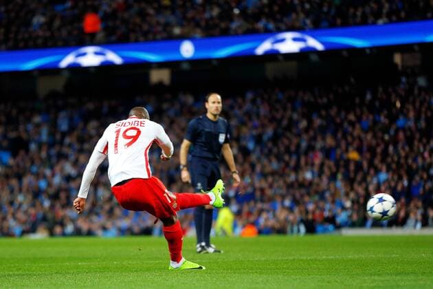 February 21st 2017, Etihad Stadium, Manchester, Lancashire, England; UEFA Champions League 1st Leg round of 16, Manchester City versus AS Monaco; Djibril Sidibe of Monaco takes a shot at goal xPaulxKeevilx  ActionPlus11849024