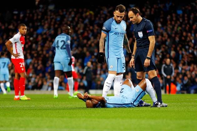 February 21st 2017, Etihad Stadium, Manchester, Lancashire, England; UEFA Champions League 1st Leg round of 16, Manchester City versus AS Monaco; Fernandinho of Manchester City lies injured on the pitch xPaulxKeevilx  ActionPlus11849025