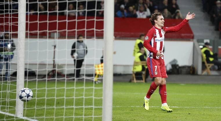 Antoine Griezmann (Atletico Madrid) celebrates scoring the 2:o goal during the Championsleague match between Bayer 04 Leverkusen and Atletico Madrid, Bayarena in Leverkusen on February 21., 2017. Bayer 04 Leverkusen vs. Atletico Madrid im Achtelfinale der Champions League der Saison 2016 2017 am 21. Februar 2017.