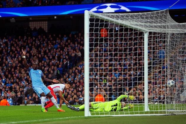 February 21st 2017, Etihad Stadium, Manchester, Lancashire, England; UEFA Champions League 1st Leg round of 16, Manchester City versus AS Monaco; Radamel Falcao of Monaco scores his teams first goal past keeper Caballero in the 32nd minute to level the score at 1-1 xPaulxKeevilx  ActionPlus11849027