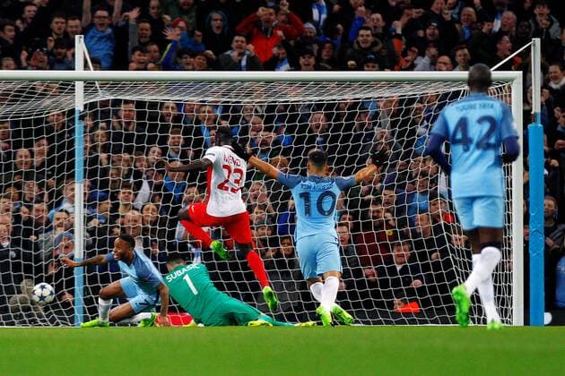 February 21st 2017, Etihad Stadium, Manchester, Lancashire, England; UEFA Champions League 1st Leg round of 16, Manchester City versus AS Monaco; Raheem Sterling of Manchester City scores his teams first goal past keeper Subasic in the 26th minute (1-0) xPaulxKeevilx  ActionPlus11849030