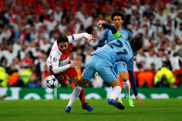 February 21st 2017, Etihad Stadium, Manchester, Lancashire, England; UEFA Champions League 1st Leg round of 16, Manchester City versus AS Monaco; Bernardo Silva of Monaco flies after being tackled by David Silva of Manchester City xPaulxKeevilx  ActionPlus11849047