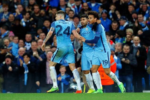 February 21st 2017, Etihad Stadium, Manchester, Lancashire, England; UEFA Champions League 1st Leg round of 16, Manchester City versus AS Monaco; Sergio Aguero of Manchester City celebrates scoring his teams second goal with Stones and Sane xPaulxKeevilx  ActionPlus11849049