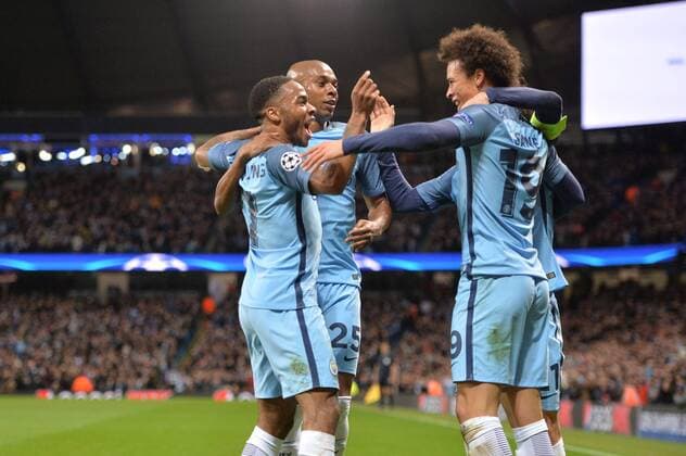 07 Raheem Sterling (mc) - 25 Fernandinho (mc) - 19 Leroy SANE (mc) - JOIE FOOTBALL : Manchester City vs AS Monaco - Champions League - 21 02 2017 AnthonyBIBARD FEP Panoramic 